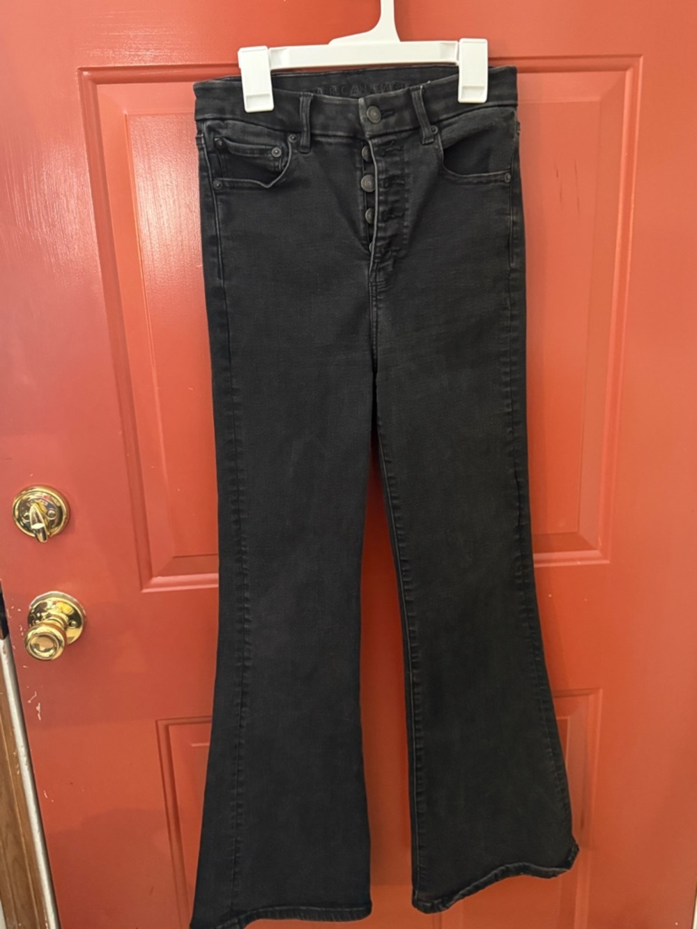 American Eagle Outfitters curvy Black High-Rise Flare Jeans with Button-Fly